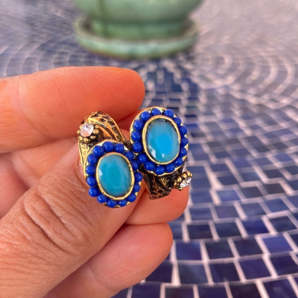 Blue Turquoise-Accent Double Stone Adjustable Ring - Picture 3 of 5